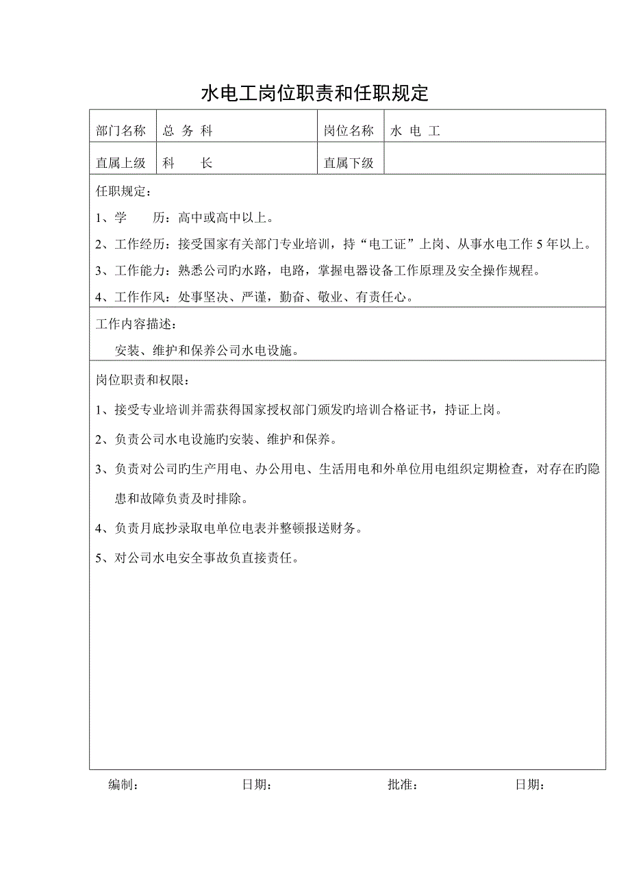 公司岗位基本职责和任职要求范本_第1页