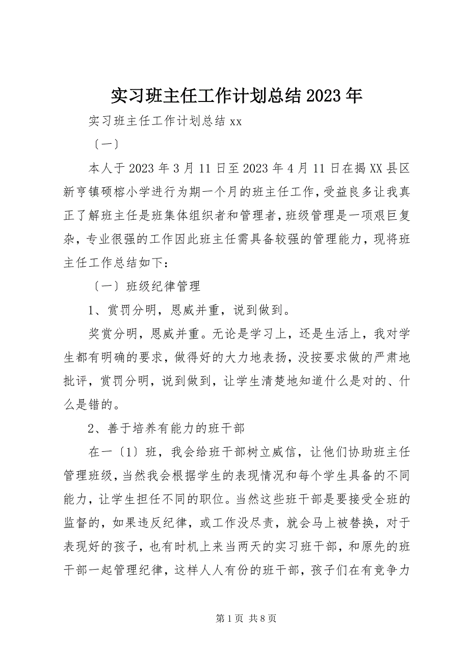 2023年实习班主任工作计划总结.docx_第1页