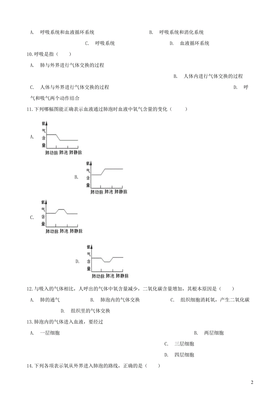 2019年中考生物 人体的呼吸专题复习（无答案）_第2页