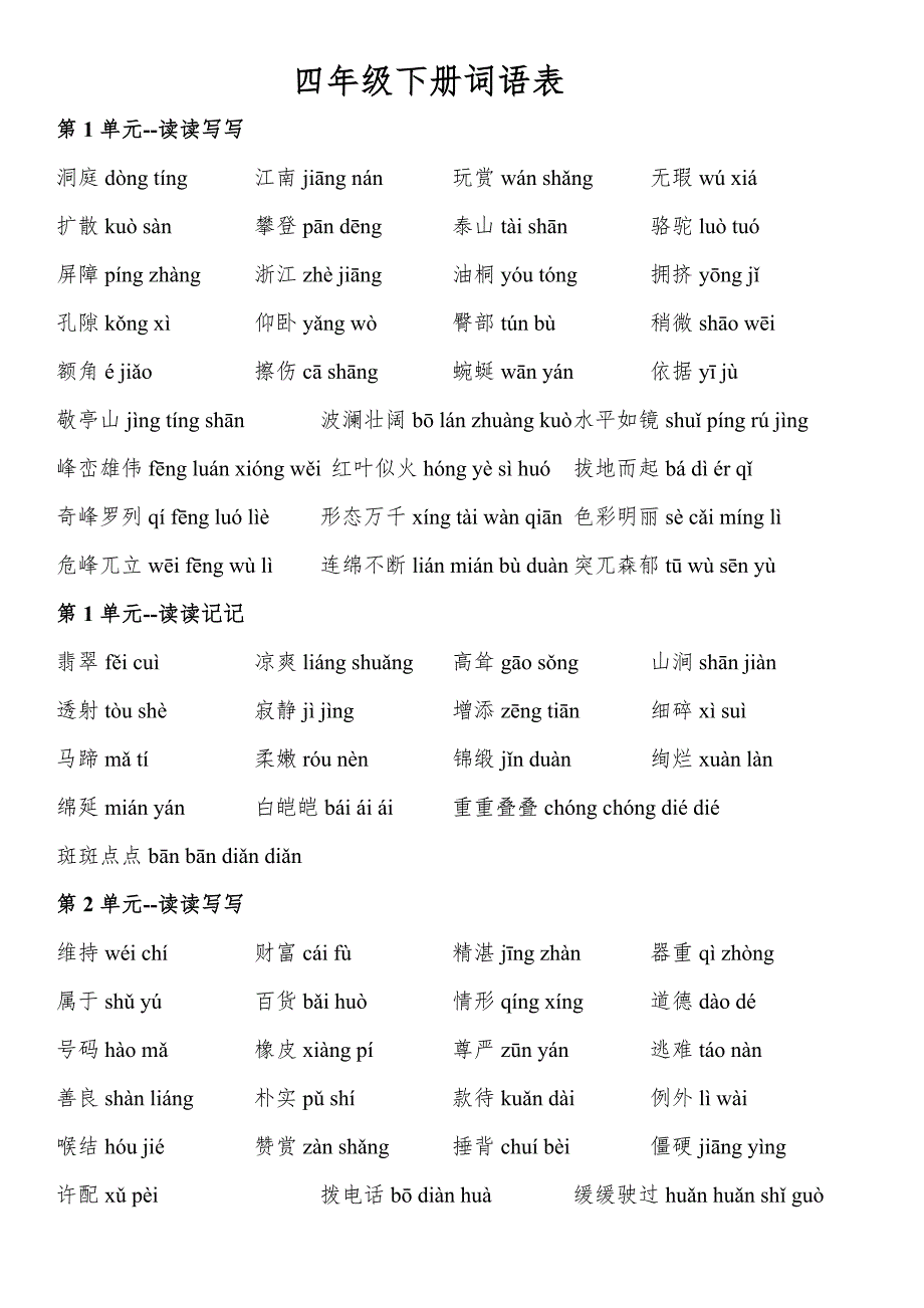 人教版小学语文四年级下册词语表(带拼音)_第1页