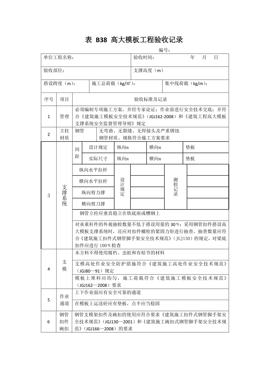 表B38高大模板工程验收记录_第1页