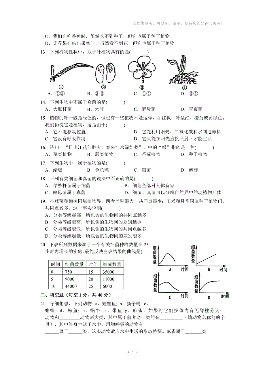 七年级科学上生物的主要类群检测_第2页