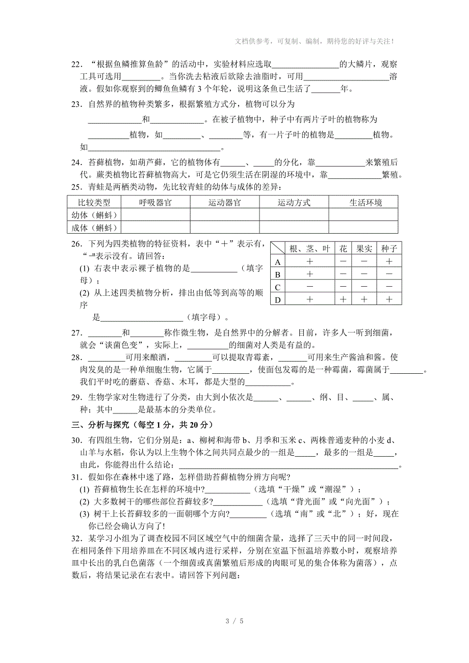 七年级科学上生物的主要类群检测_第3页