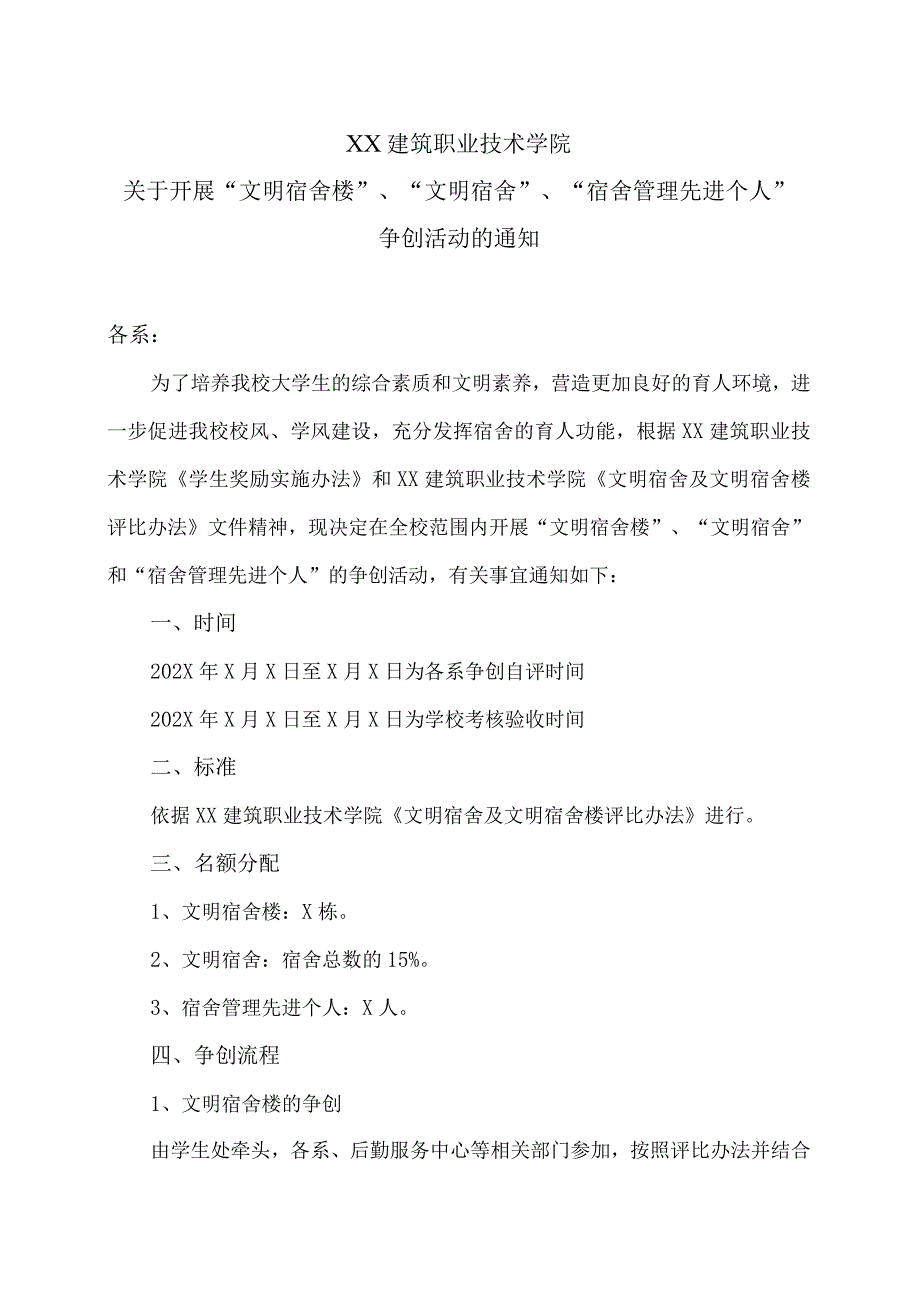 XX建筑职业技术学院关于开展“文明宿舍楼”、“文明宿舍”、“宿舍管理先进个人” 争创活动的通知_第1页