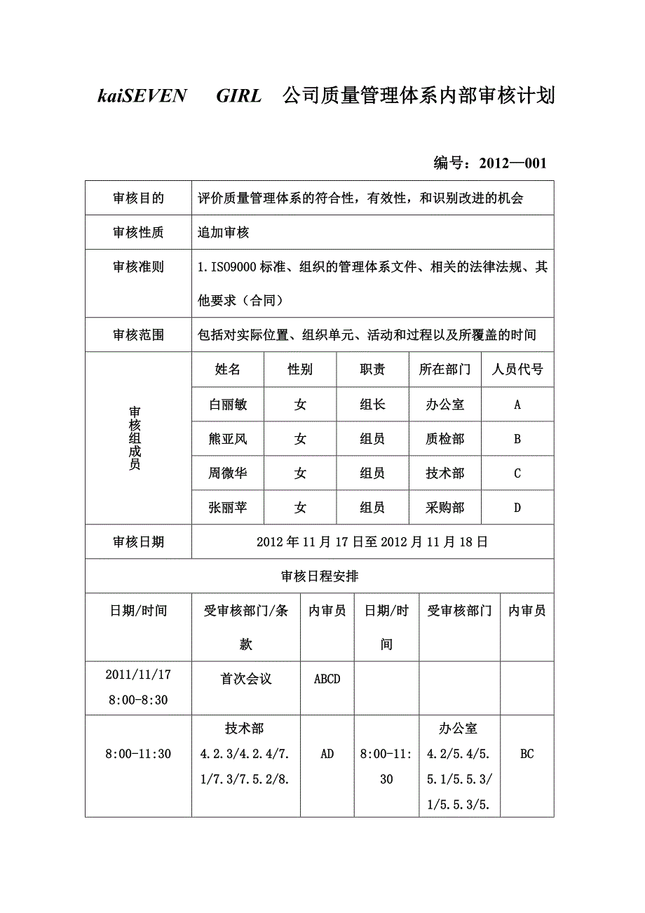 公司质量管理体系内部审核计划【精选文档】.doc_第1页