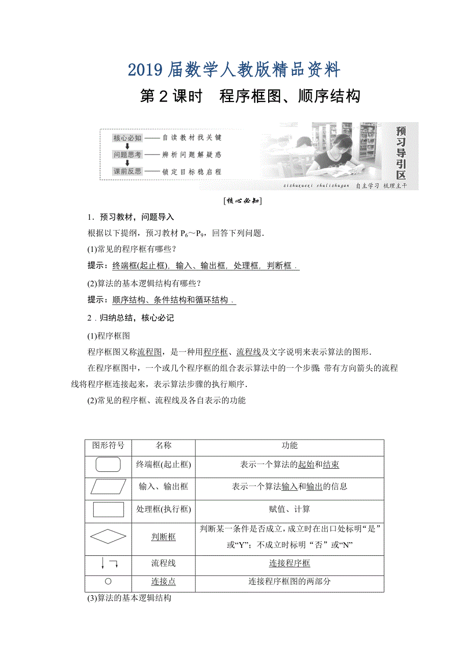 高中数学人教A版必修三教学案：第一章 第1节 第2课时 程序框图、顺序结构含答案_第1页