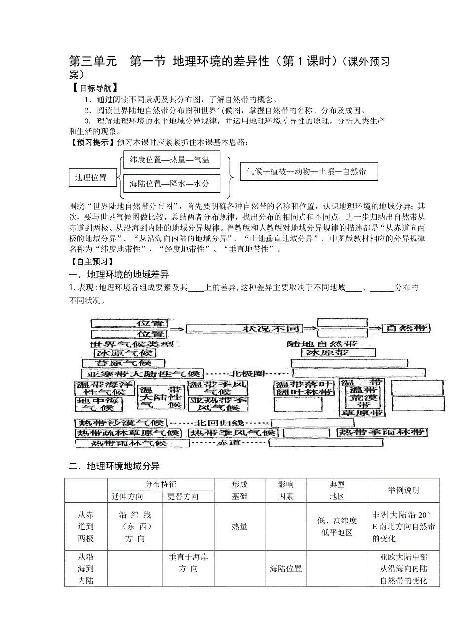 第三单元第一节地理环境的差异性第1课时课外预习案_第1页