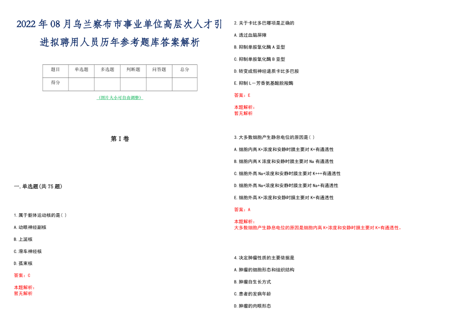 2022年08月乌兰察布市事业单位高层次人才引进拟聘用人员历年参考题库答案解析_第1页