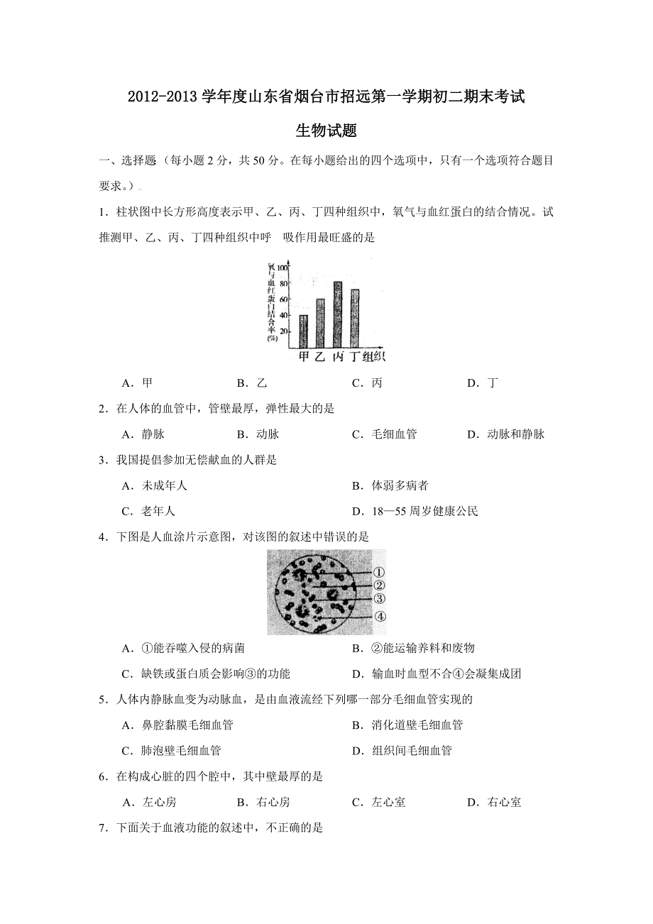 2012-2013学年度山东省烟台市招远第一学期初二期末考试生物试题及参考答案.doc_第1页