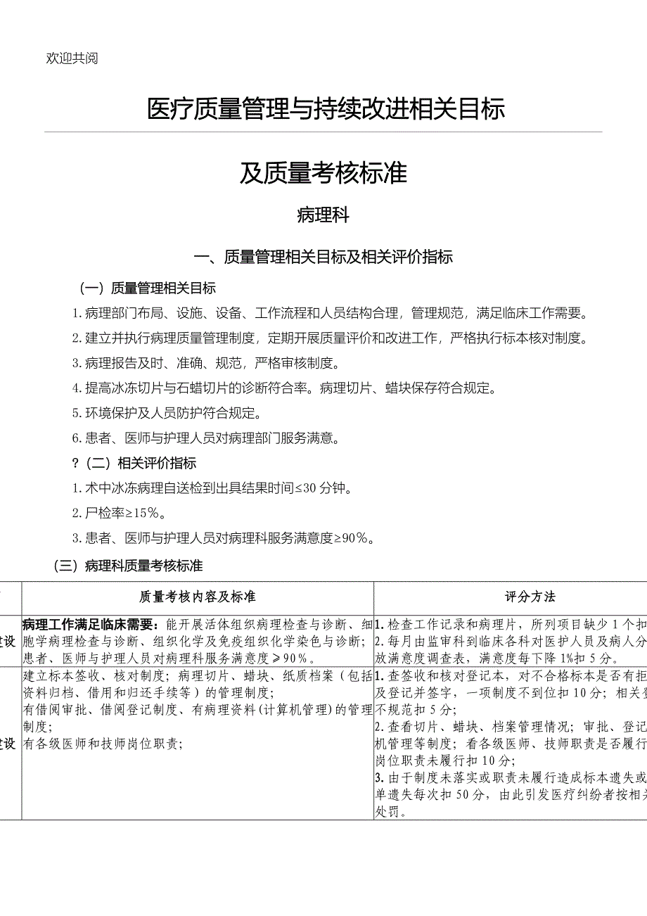 医疗质量管理与持续改进相关目标及质量考核规范(病理科_第1页