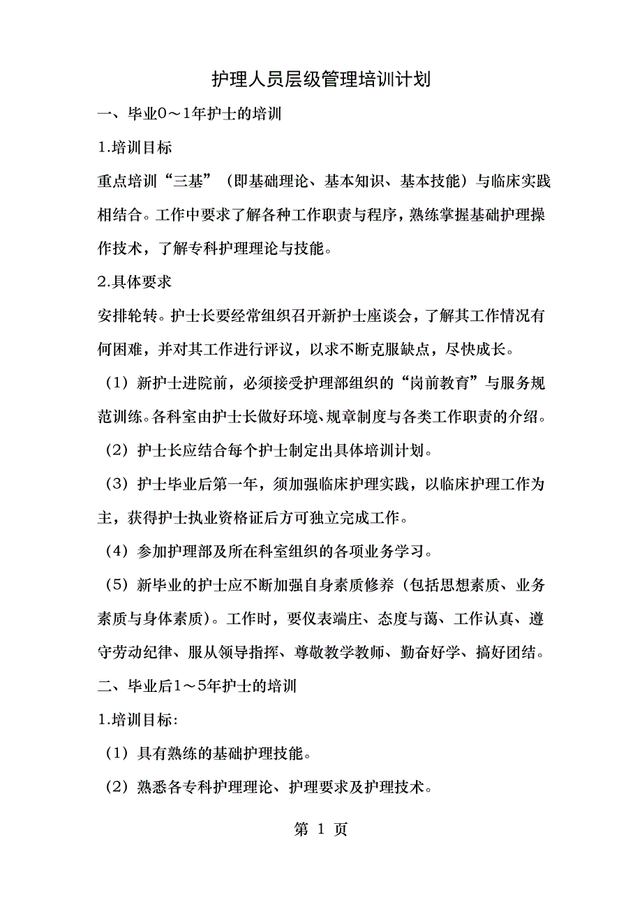 医院护理人员层级管理培训计划_第1页