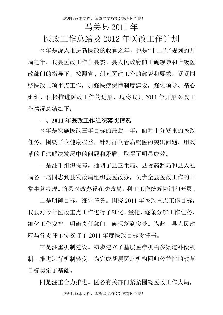 马关县XXXX年医改工作总结XXXX医改工作计划_第1页