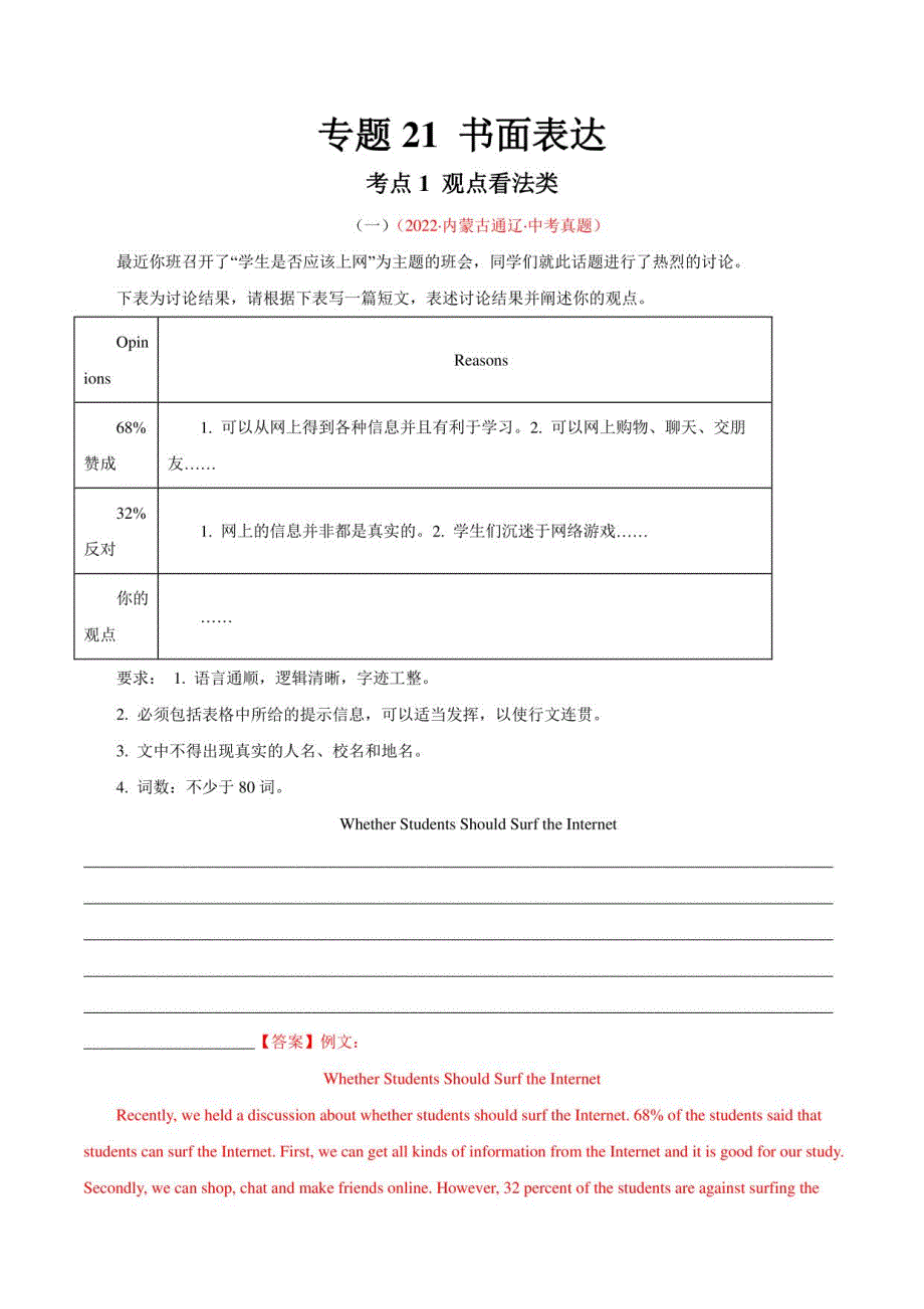 2022年全国中考英语真题(江苏河南广东四川安徽河南等)汇编专题21书面表达考点1观点看法类(解析版)_第1页