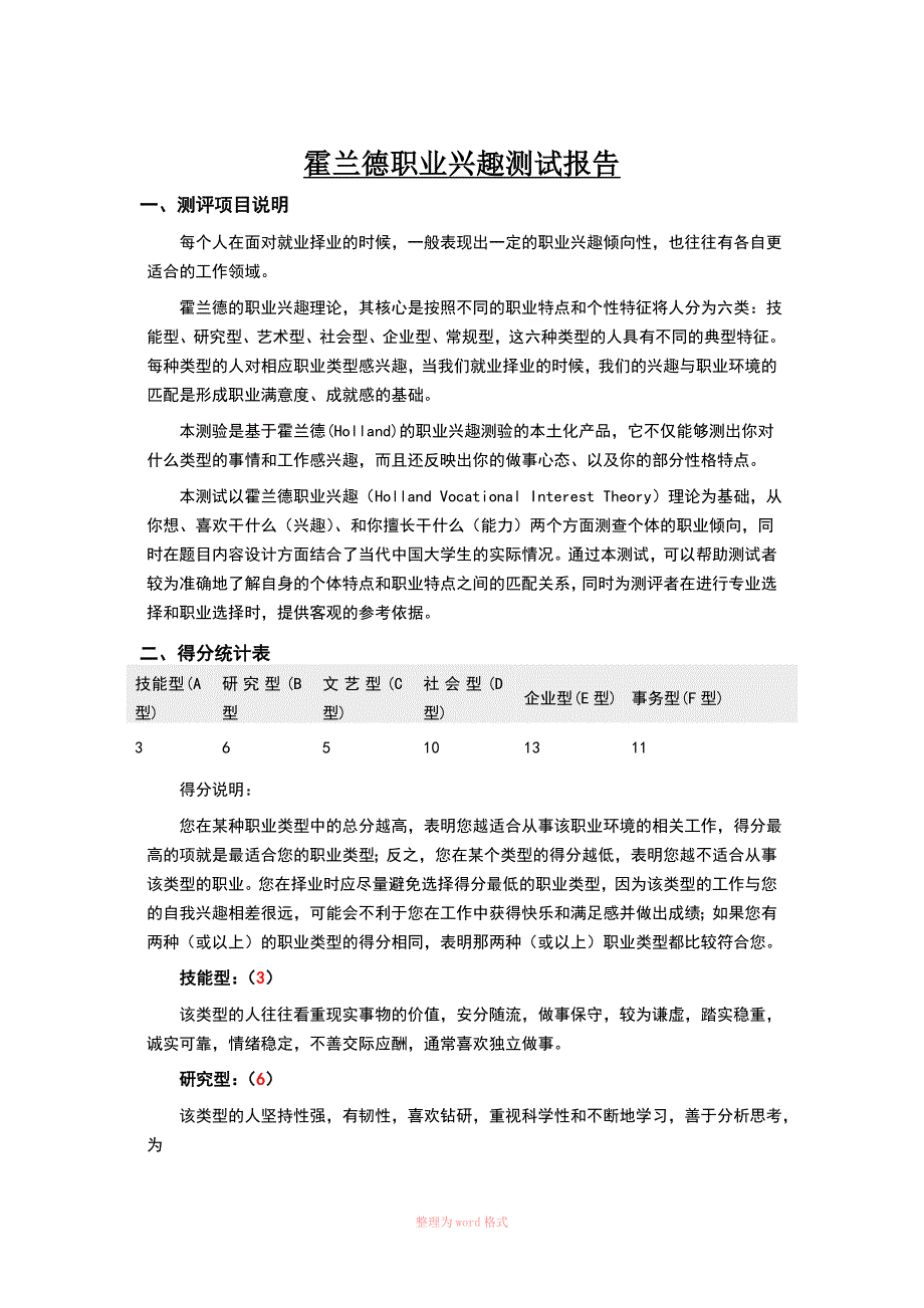 霍兰德职业兴趣测试报告_第1页