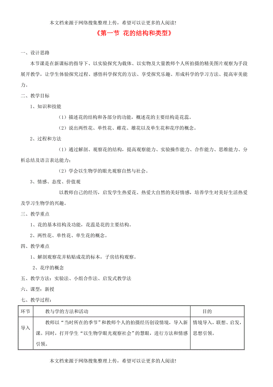 八年级生物上册 第四单元 第一章 第一节 花的结构和类型教案 （新版）济南版_第1页