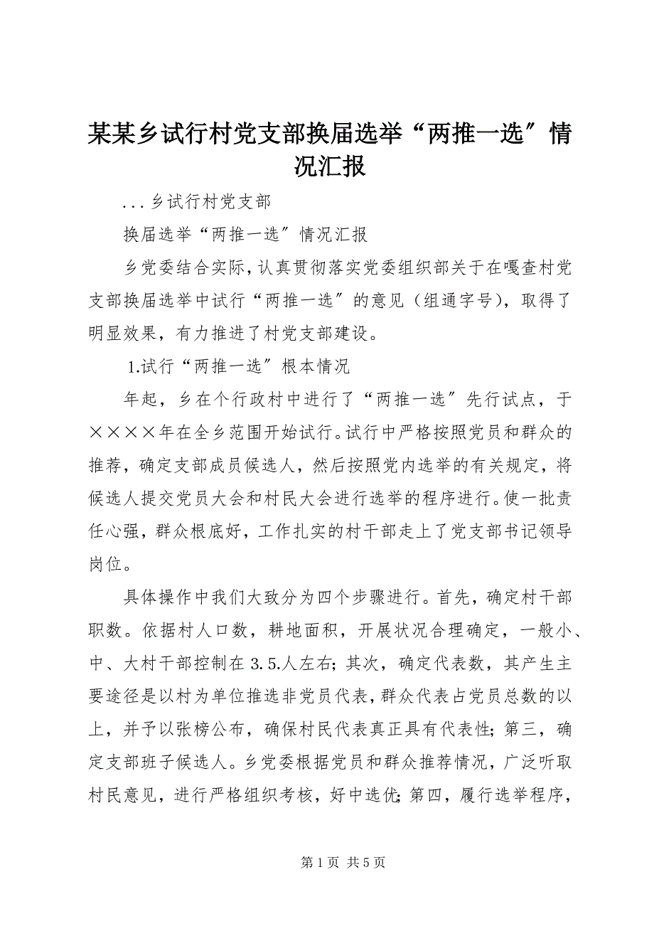 2023年某某乡试行村党支部换届选举“两推一选”情况汇报.docx_第1页