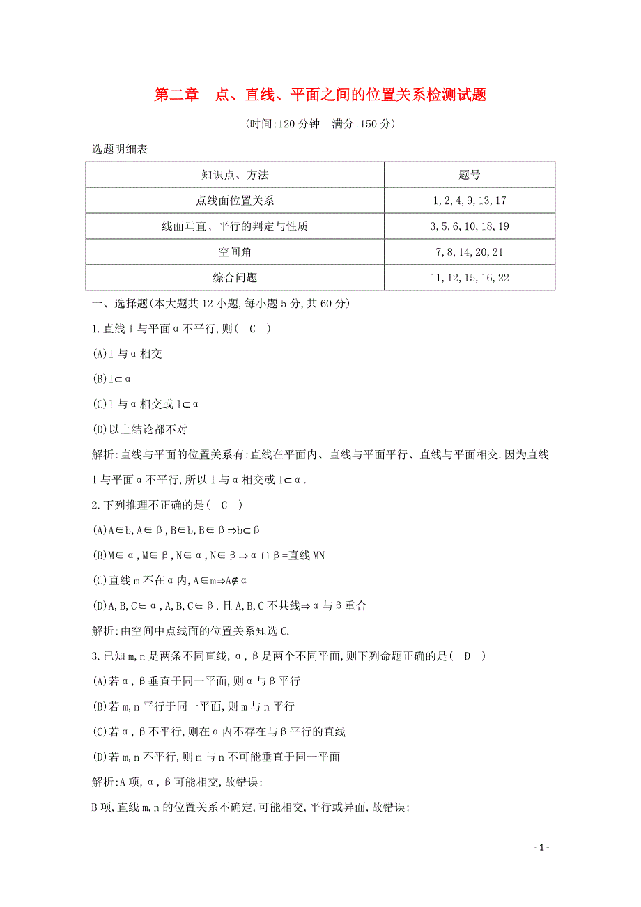 2019-2020学年高中数学 第二章 点、直线、平面之间的位置关系检测试题 新人教A版必修2_第1页