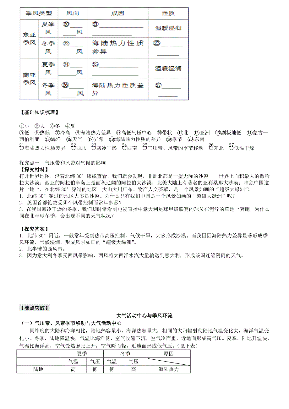 中图版地理必修一：2.3大气活动中心与季风环流导学案_第2页