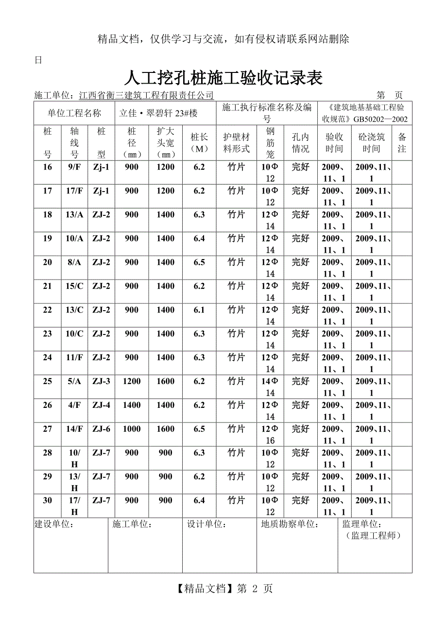 人工挖孔桩施工验收记录表_第2页