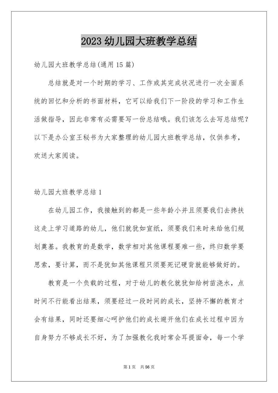 2023年幼儿园大班教学总结9范文.docx_第1页