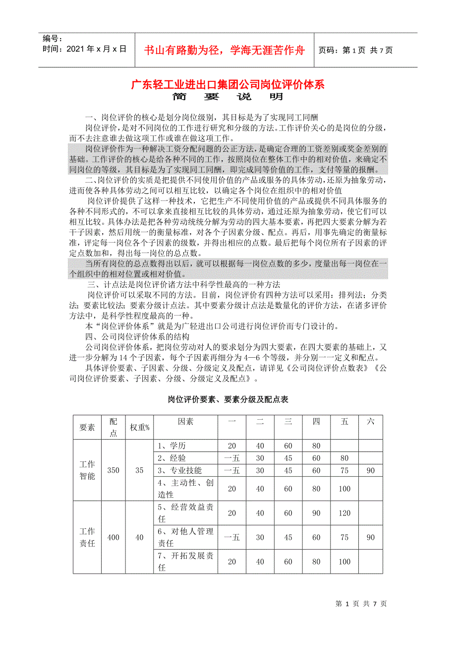 广东轻工业进出口公司岗位评价体系_第1页