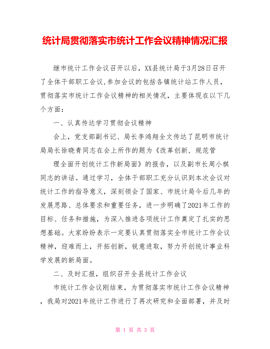 统计局贯彻落实市统计工作会议精神情况汇报_第1页