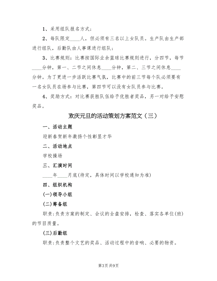 欢庆元旦的活动策划方案范文（5篇）_第3页