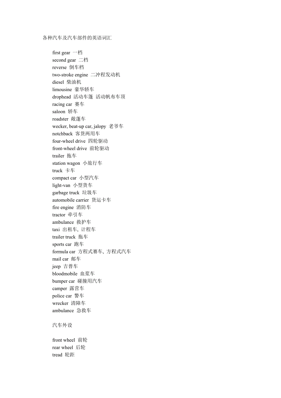各种汽车及汽车部件的英语词汇_第1页