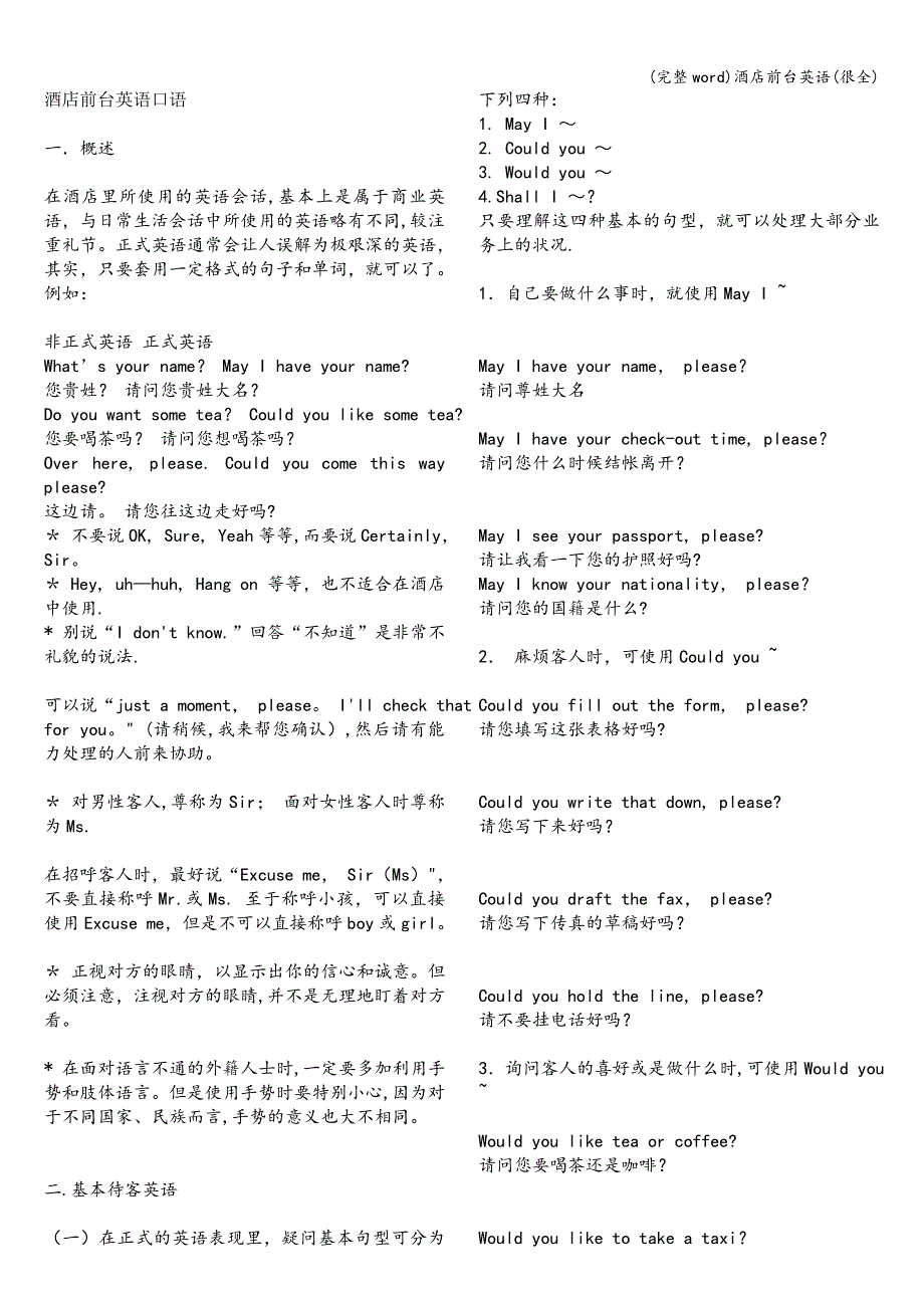 (完整word)酒店前台英语(很全).doc_第1页