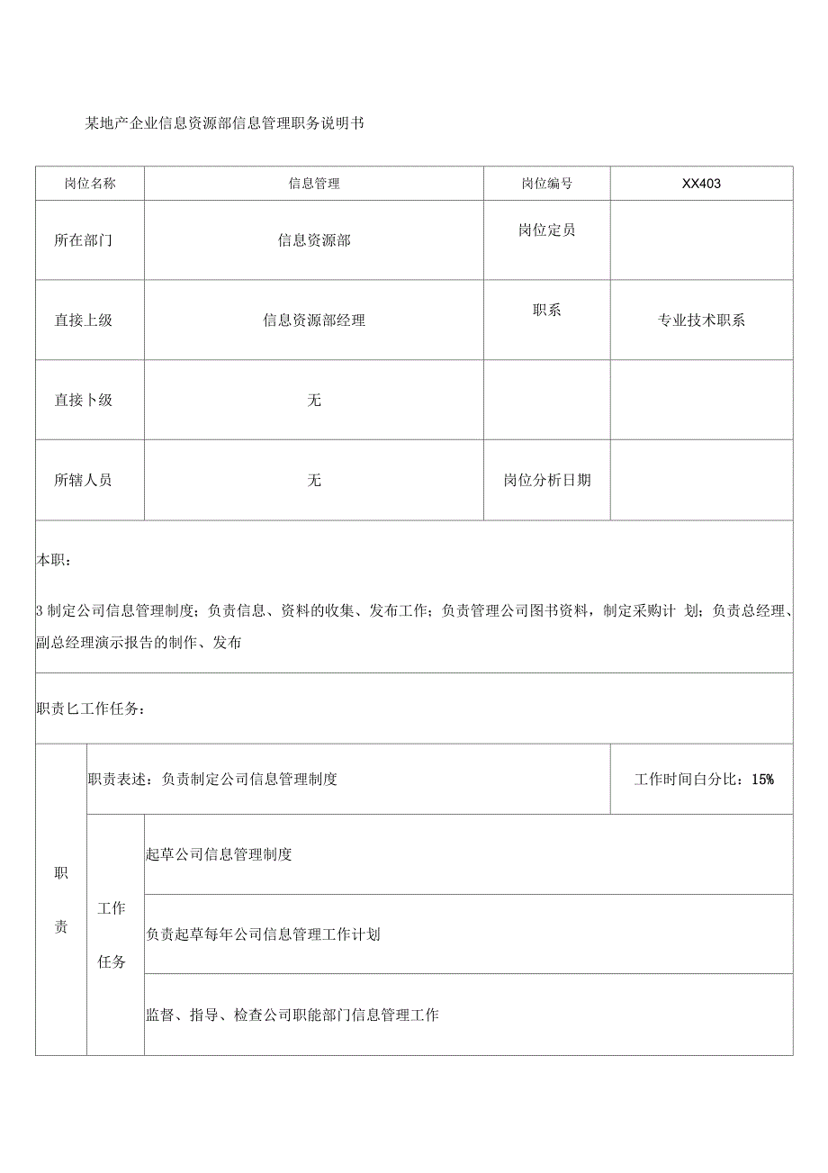 地产企业信息资源部信息管理职务说明书_第1页