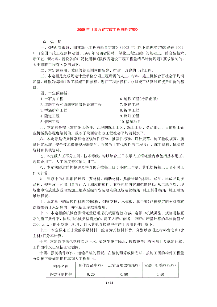 陕西省市政工程消耗定额共38页_第1页