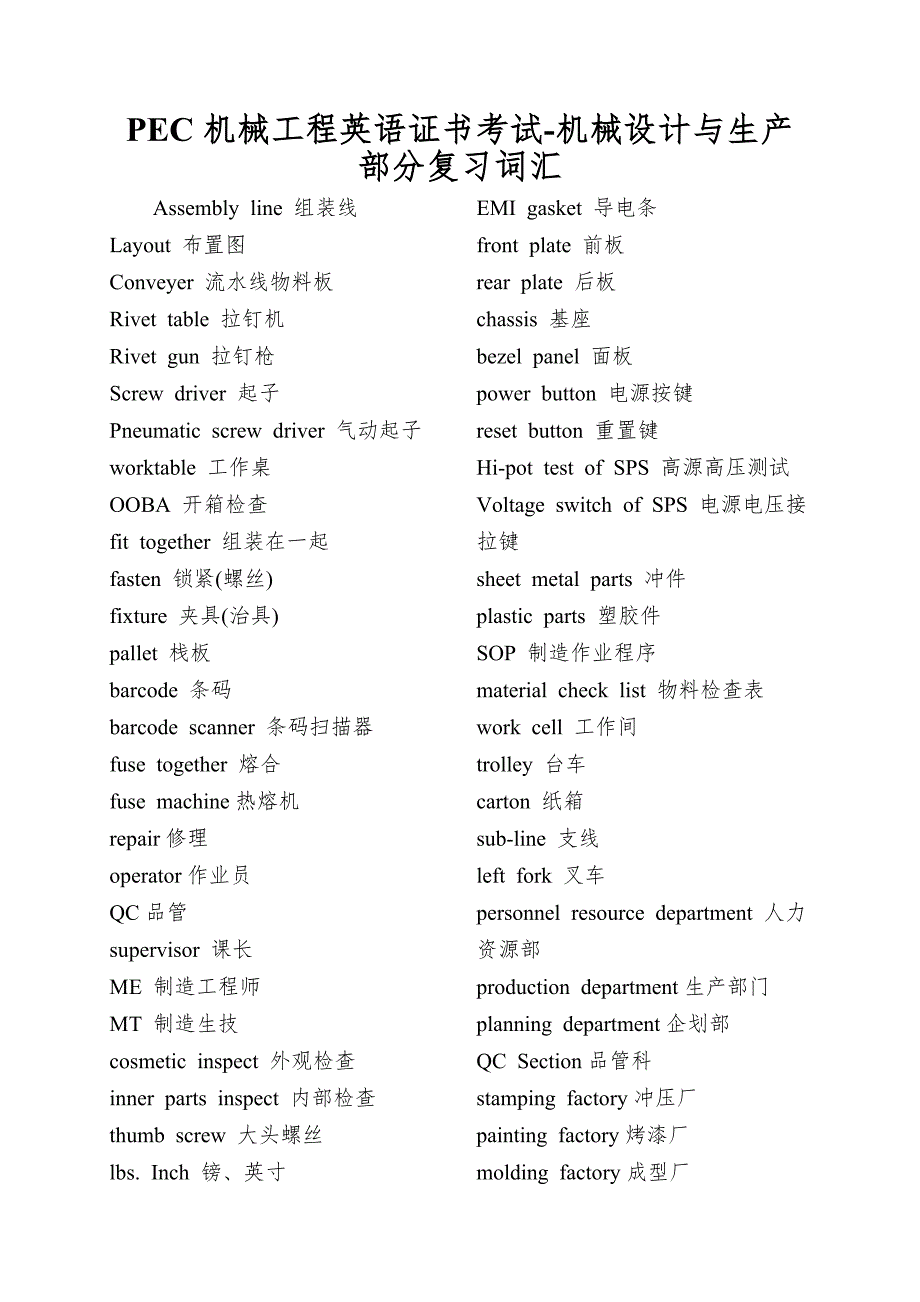 PEC机械工程英语证书考试-机械设计与生产部分复习词汇.doc_第1页