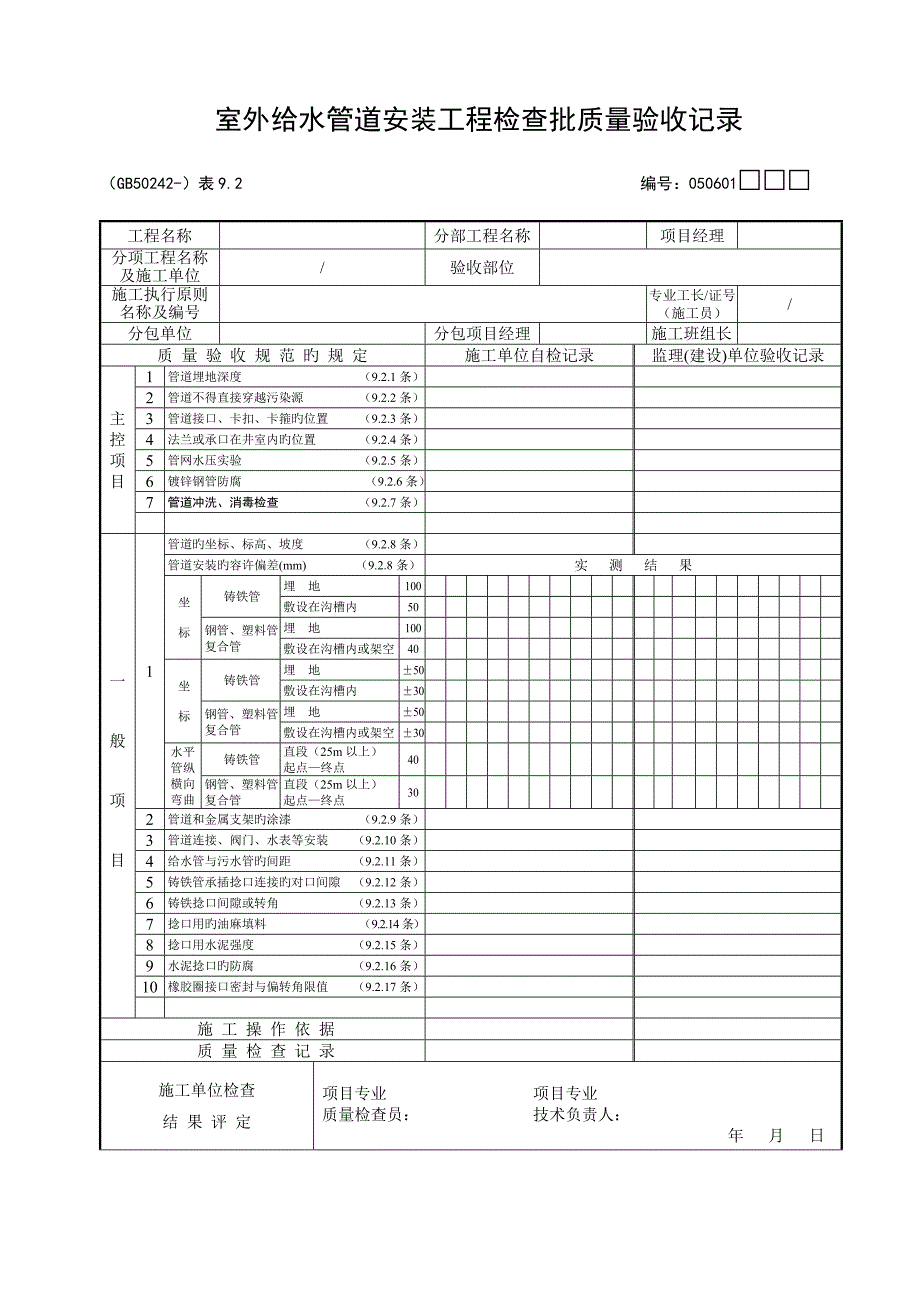 室外给水管道安装关键工程检验批质量验收记录_第1页
