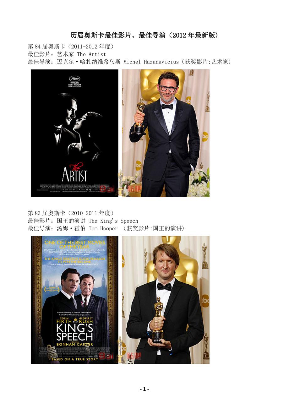 历届奥斯卡最佳影片、最佳导演(2012年最新版)_第1页