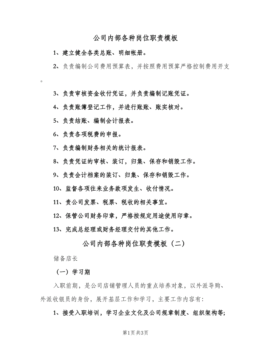 公司内部各种岗位职责模板（二篇）.doc_第1页