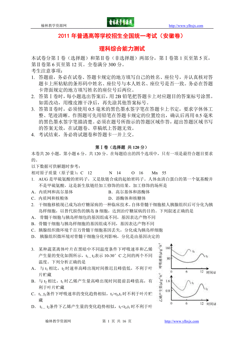 理科综合能力测试(安徽卷).doc_第1页