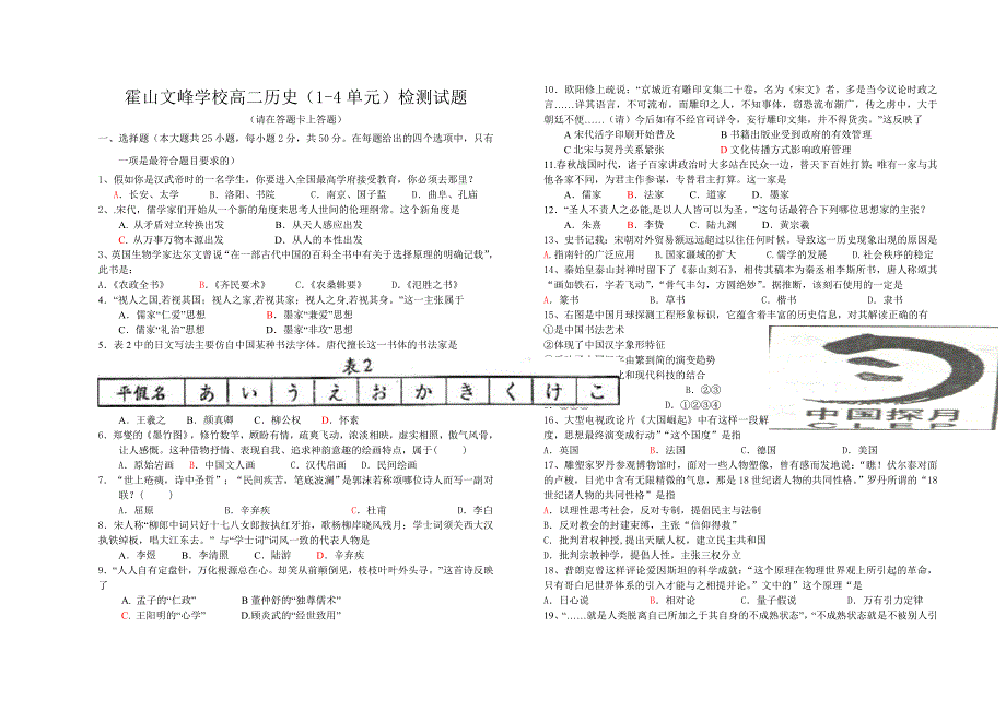 高二文历史第二次月考期中考试(新人教版历史必修三1-4单元)_第1页