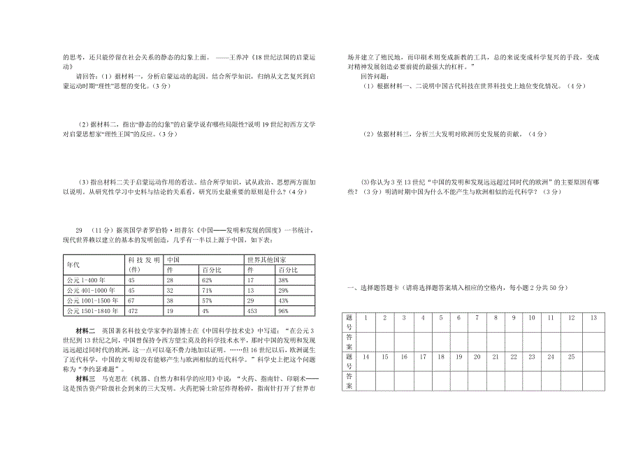 高二文历史第二次月考期中考试(新人教版历史必修三1-4单元)_第3页