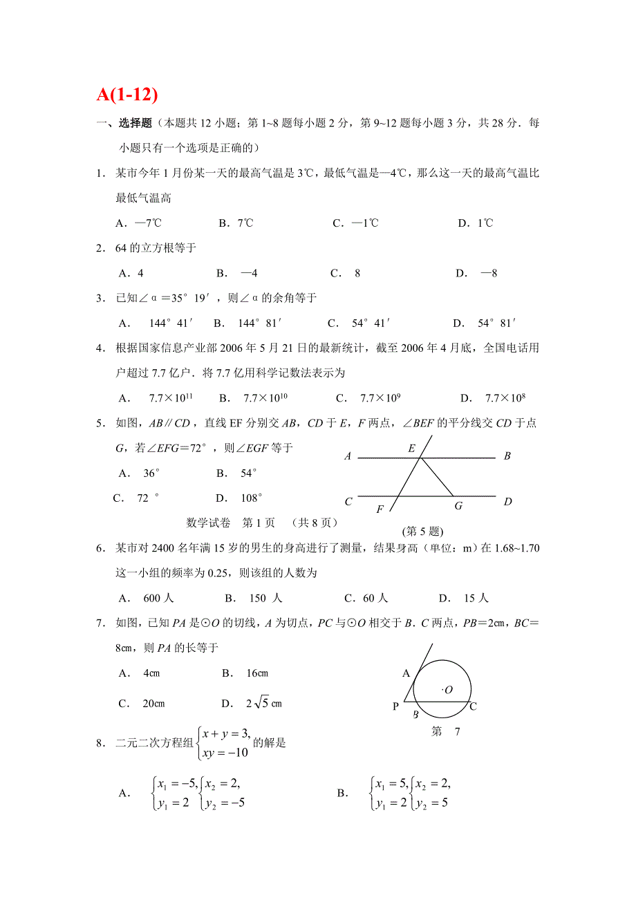 初中数学选择题56道+填空50道(附带答案).doc_第1页