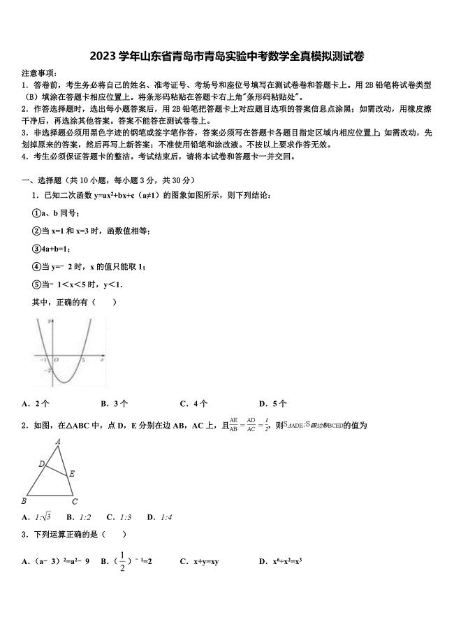 2023学年山东省青岛市青岛实验中考数学全真模拟试题(含答案解析）.doc