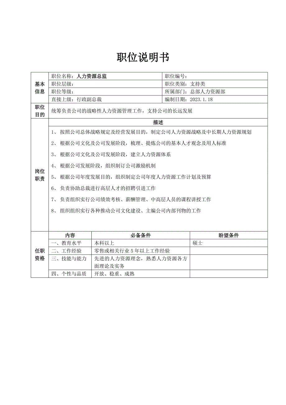 总部人力资源总监职位说明书.doc_第1页