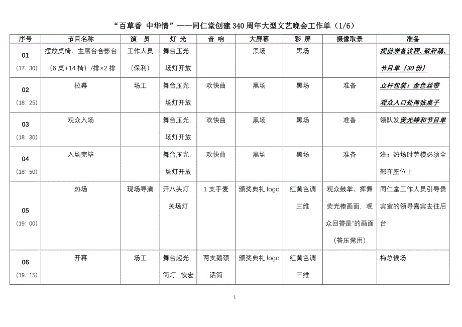 同仁堂创建340周年大型文艺晚会工作单.doc_第1页