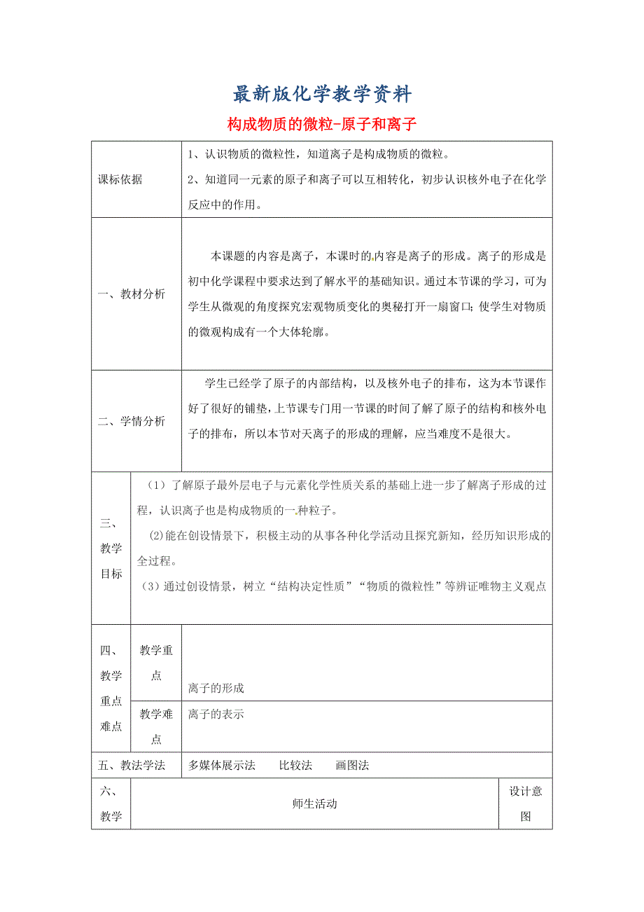 【最新版】陕西省安康市九年级化学上册2.3构成物质的微粒Ⅱ原子和离子教案粤教版_第1页