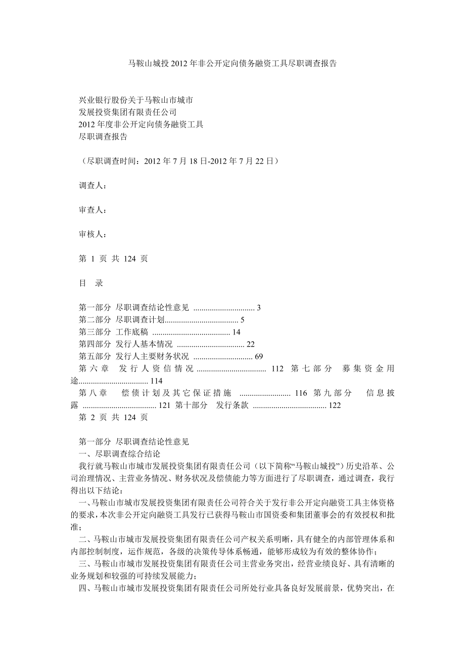 马鞍山城投非公开定向债务融资工具尽职调查报告_第1页