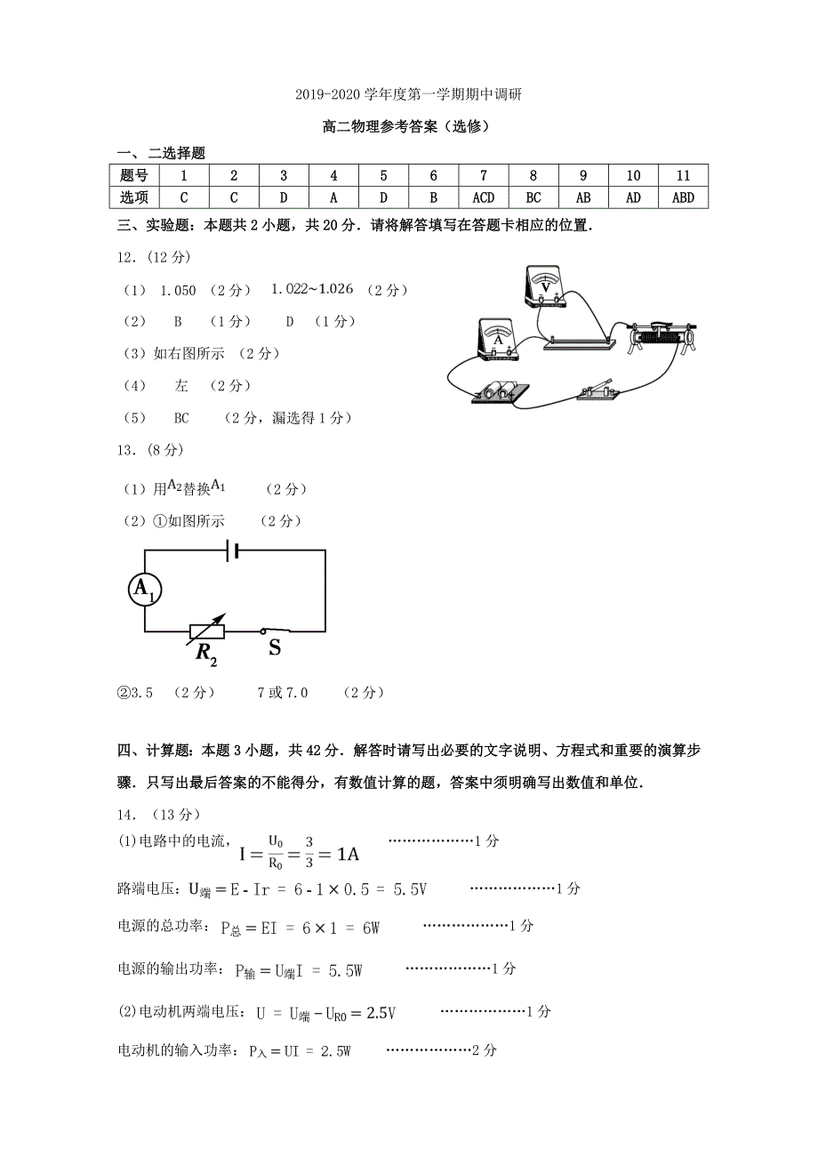 江苏省徐州市2019-2020学年高二上学期期中考试物理（选修）试题答案（选修）201911定_第1页