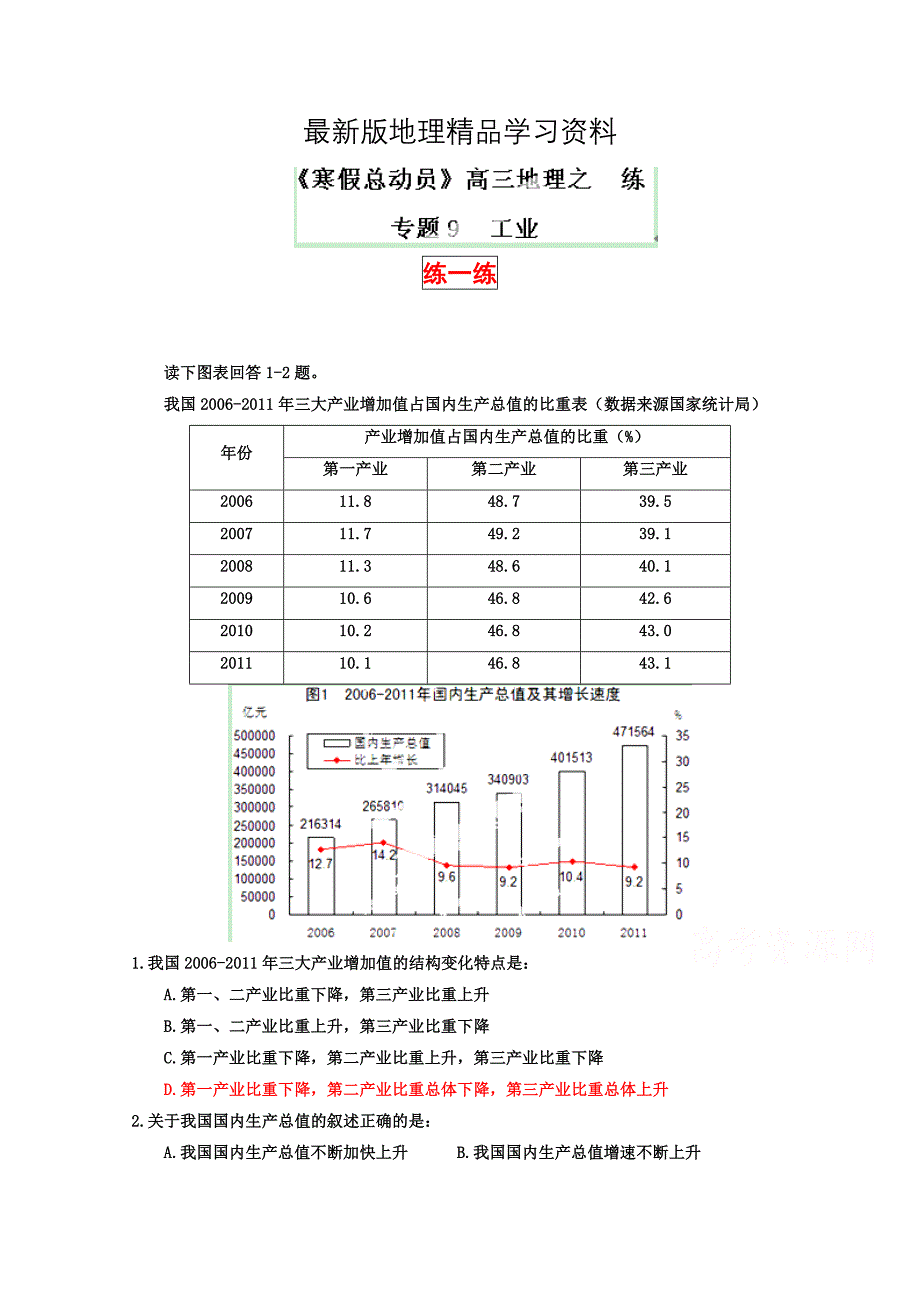 【最新】高三地理寒假作业背学练测【09】工业练原卷板_第1页