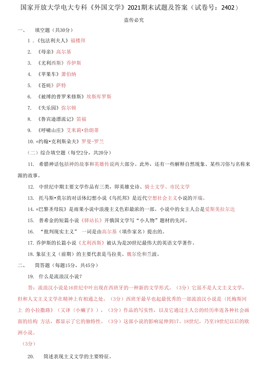 国家开放大学电大专科《外国文学》2021期末试题及答案2_第1页