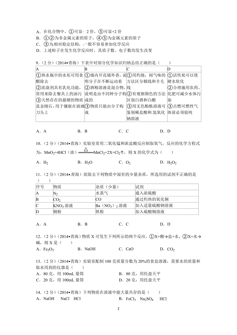 2014年青海省中考化学试卷及答案_第2页