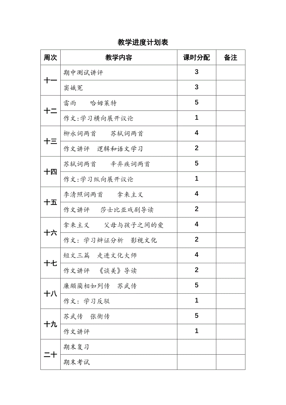 高一第二学期语文教学计划进度表优质资料_第4页