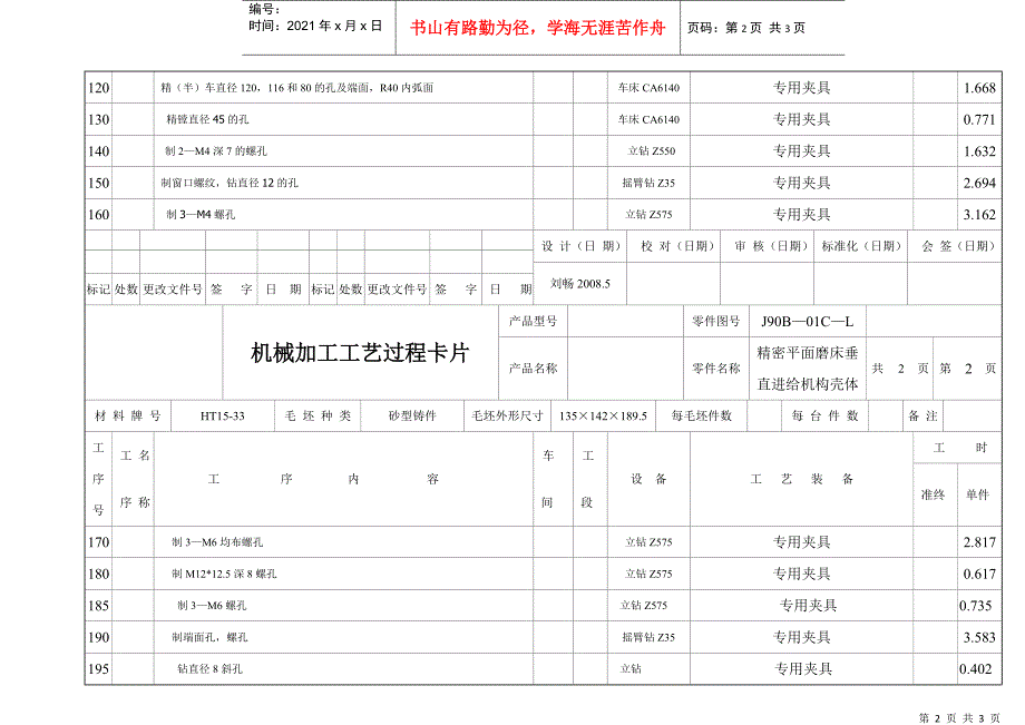 精密平面磨床垂直进给机构壳体机械加工工艺过程卡片_第2页